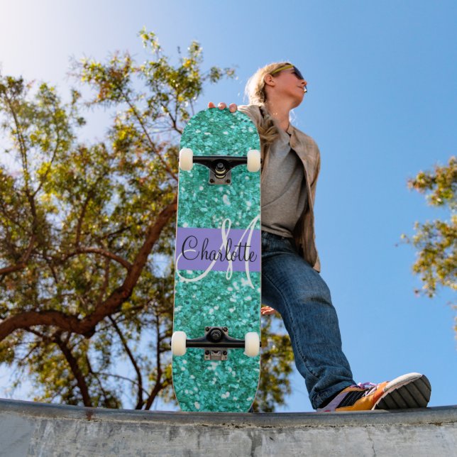 Skateboard parties scintillant pétillante turquoise monogramm (Extérieur 1)