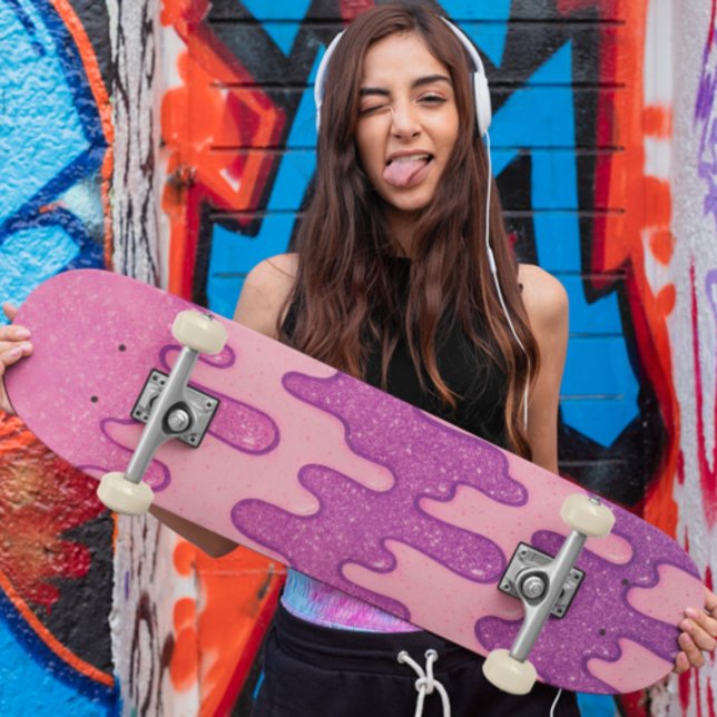 Skateboard Parties scintillant rose et violet goutte d'eau Fo (Pink & Purple Glitter Drip Aesthetic Melting Skateboard)