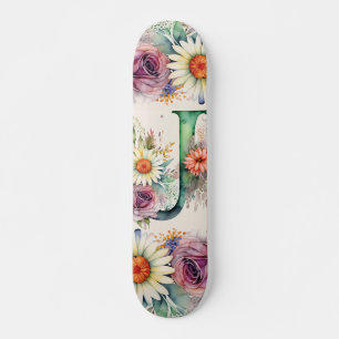 Skateboard Pastel Floral Aquarelle Monogram J Fleurs Daisy