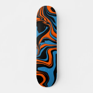 Skateboard Patinage en marbre bleu orange et noir Abstrait