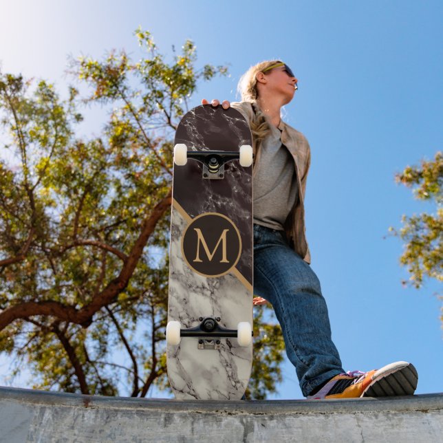 Skateboard Patinage Monogramme - Pierre en marbre blanc noir (Extérieur 1)