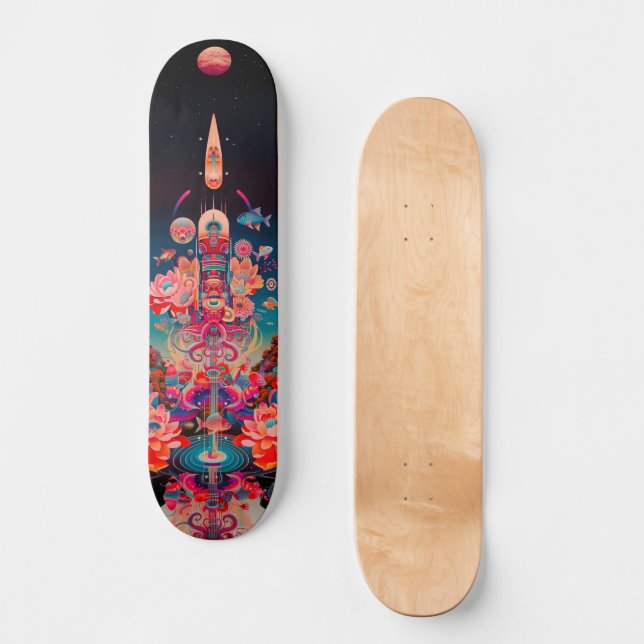 Skateboard Patinage psychédélique en fleurs cosmiques (Recto)