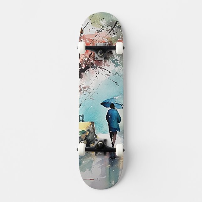 Skateboard Patineta con Mujer Bajo la Lluvia en Arte Acuarela (Recto)