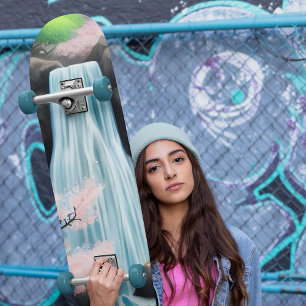 Skateboard Paysage Japonais Fleurs De Cerisiers Et Cascade