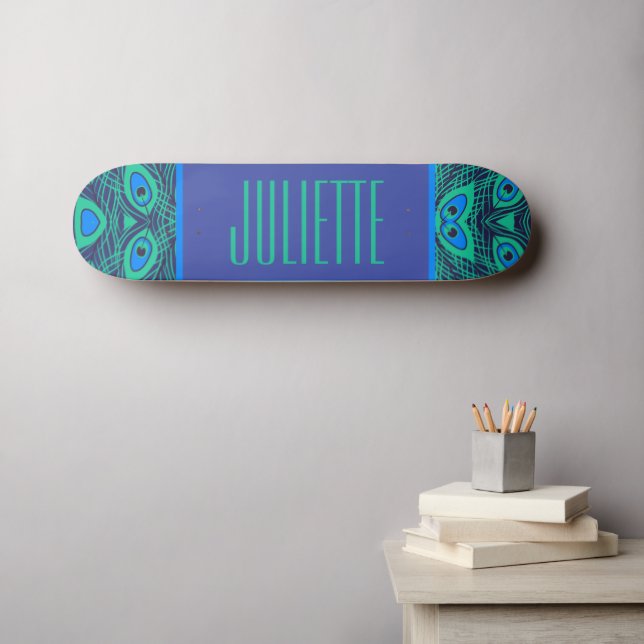 SKATEBOARD PEACOCK FEATHER MOTIF TURQUOISE VERT BLEU AVEC NOM (Art mural (Horz))