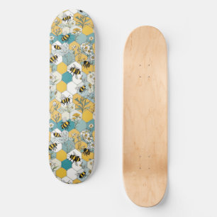 Skateboard Peigne florale avec abeilles Jaune et Turquoise