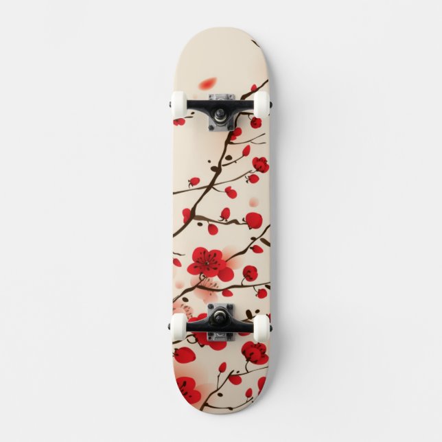 Skateboard Peinture orientale de style, fleur de prune au (Recto)