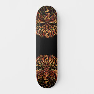 Skateboard Phoenix doré sur plateau de skate noir