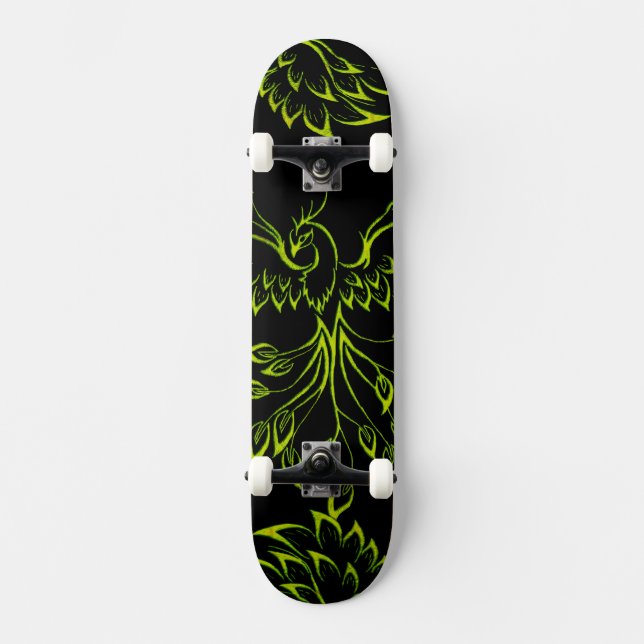 Skateboard Phoenix vert se lève sur le noir (Recto)