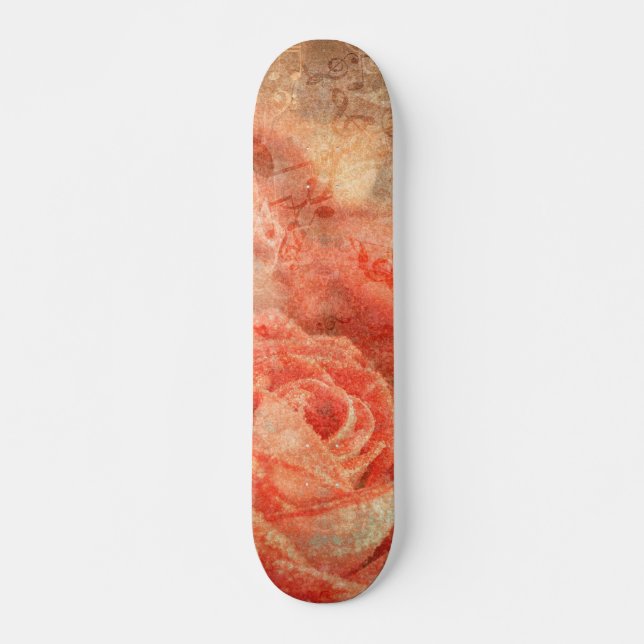 Skateboard Piano et violon avec notes musicales et rose (Devant)