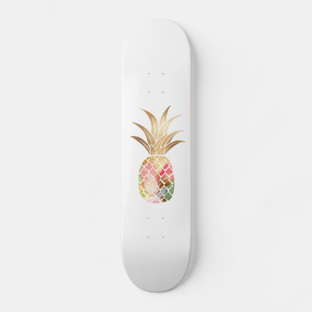 Skateboard Planche à roulettes en ananas doré à l'aquarelle (Recto)