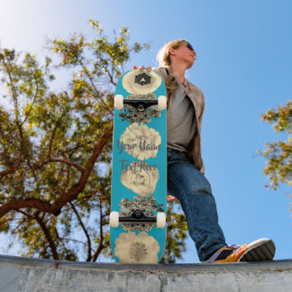 Skateboard Planche à roulettes fleur sépia bleu sarcelle