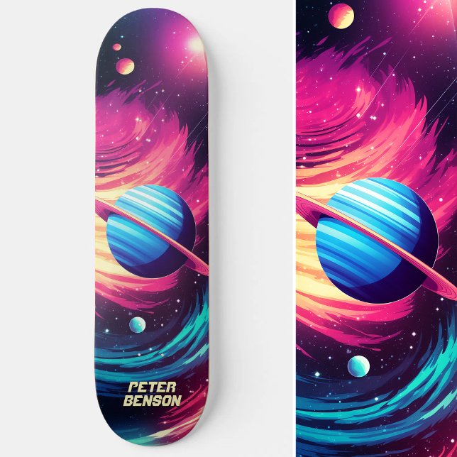 Skateboard Planètes cosmiques Universe Rose & Bleu (Cosmic Universe Planets Pink & Blue Skateboard)