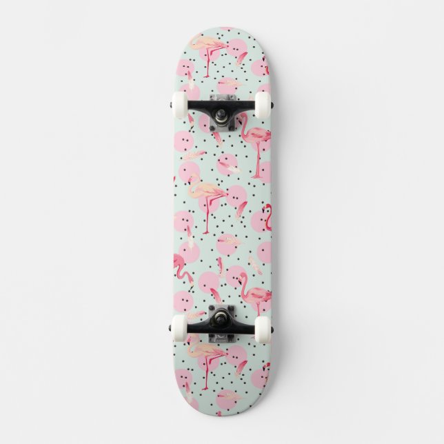 Skateboard Plumes de Flamant rose sur le pois (Recto)