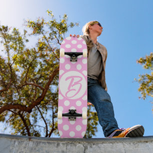 Skateboard Pois rétro rose et blanc, monogrammed