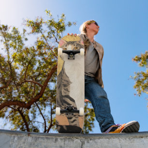 Skateboard Portrait de chat blanc gris vintage