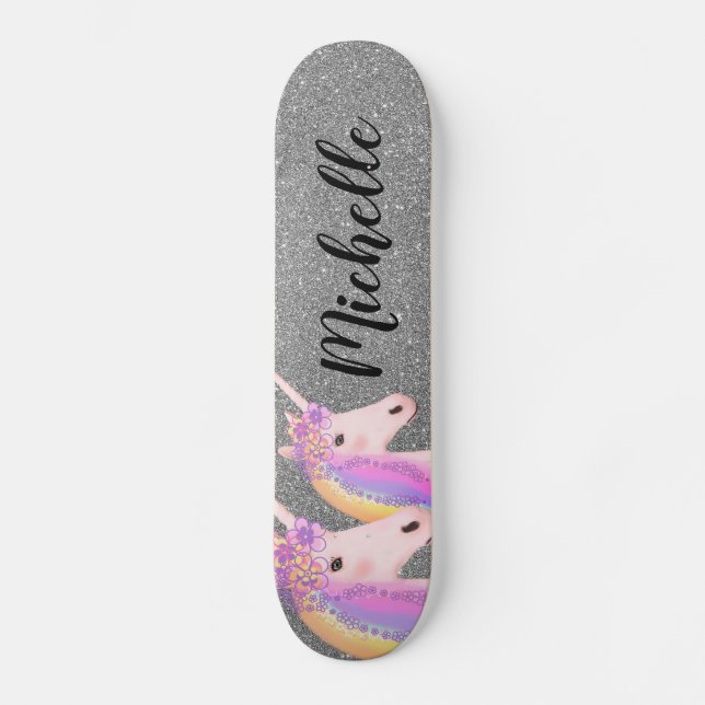 Skateboard Rainbow Unicorns Girly Silver Parties scintillant  (Recto)
