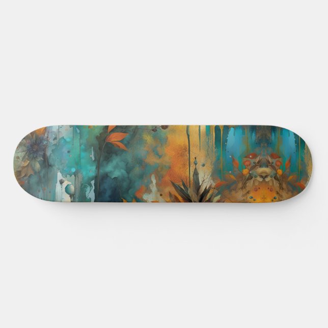 Skateboard Récolte d'automne Turquoise rouille or Abstrait (Horz)