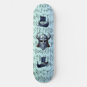 Skateboard Repeating Viking Ships and Helmet Design over Rune
