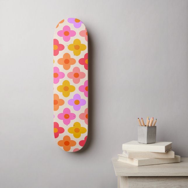 Skateboard Retro Colorful Hippie Mod Flowers Pattern  (Art mural)