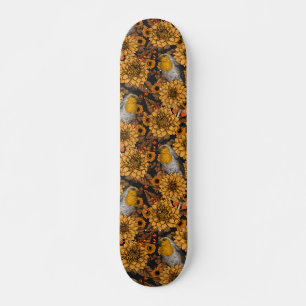 Skateboard Robins dans le jardin d'automne sur noir