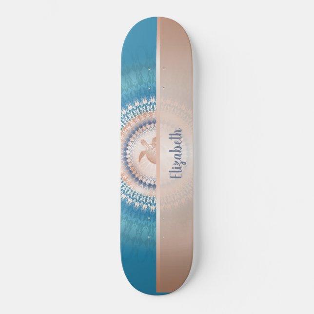 Skateboard Rose Gold Turtle Mandala Ajouter un nom Turquoise (Recto)