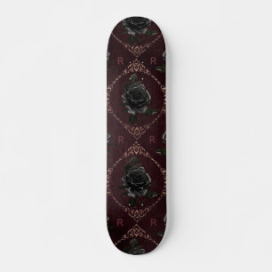 Skateboard Rose noir gothique Monogramme floral initial Éléga