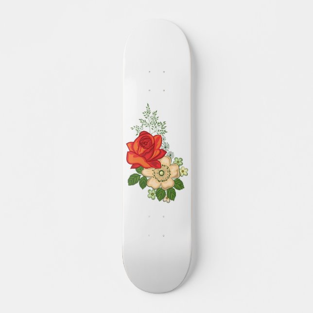 Skateboard Rose rouge et marguerites (Devant)