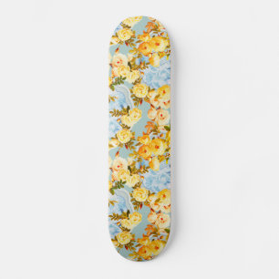 Skateboard Roses jaunes sur bleu et turquoise