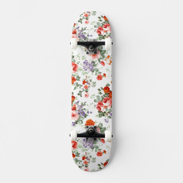 Skateboard Roses rouges vintages et fleurs (Recto)