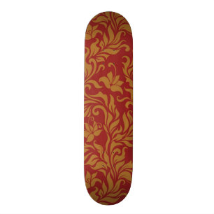Skateboard Rouge et motif floral d'or