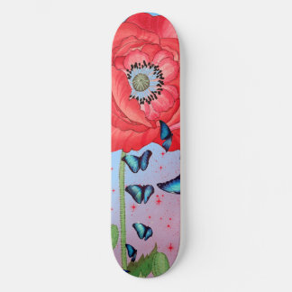 SKATEBOARD ROUGE POPIES ET BUTTERFLIS BLEUS