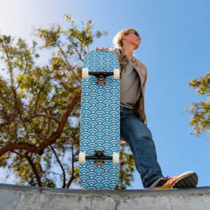Skateboard Seigaiha, Vagues, Japonais, Bleu et Blanc
