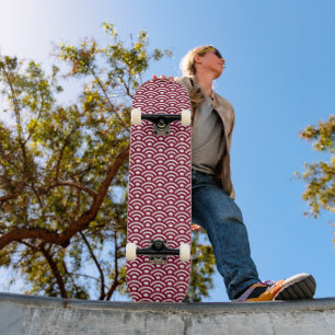 Skateboard Seigaiha, Vagues, Japonais, Bourgogne et Blanc