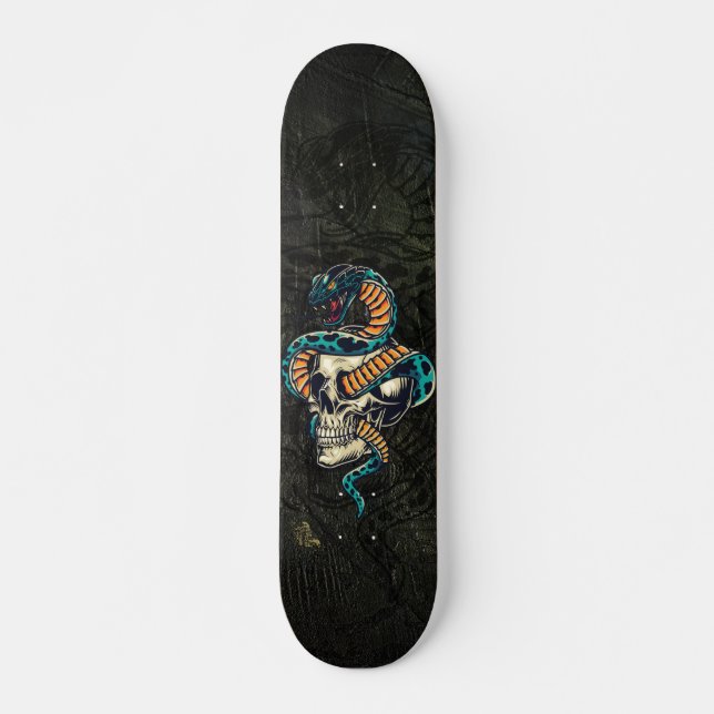 Skateboard Serpent à skis sur crâne imprimé sur bois (Devant)
