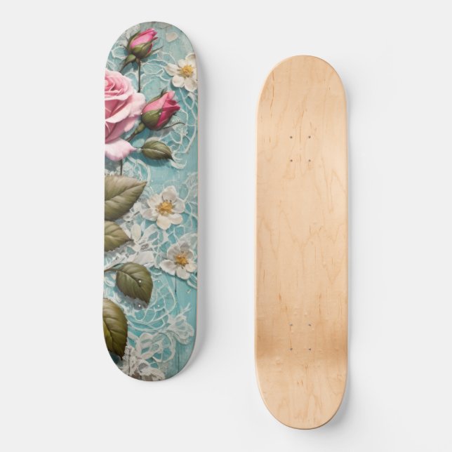 Skateboard Shabby Chic Roses Rose et dentelle (Recto)