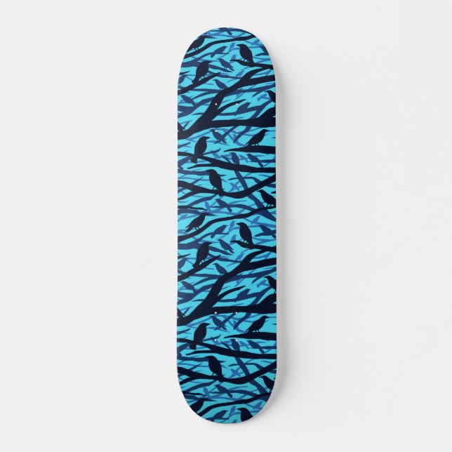 Skateboard Silhouette arborée avec oiseaux (Devant)