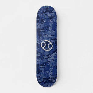 Skateboard Silver Cancer Zodiac Sign Navy Blue Digital Camo