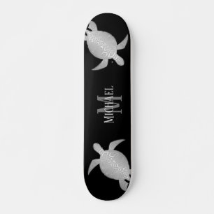 Skateboard Silver Turtle Tribal Black Background Monogram