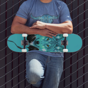Skateboard Ski+Loup+Animal+Aquarelle+vert+bleu+mode