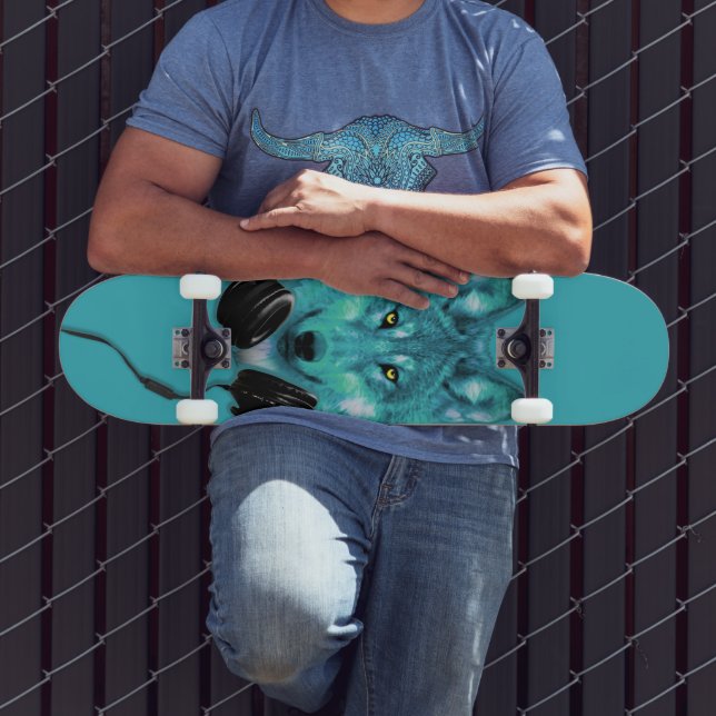 Skateboard Ski+Loup+Animal+Aquarelle+vert+bleu+mode (Extérieur 3)