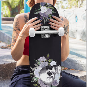 Skateboard Skull Goth Black White Floral Flower