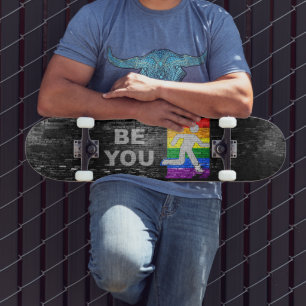 Skateboard SlipperyJoe's Be You brick wall stick figure rainb