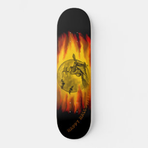 Skateboard Sorcière volante avec chat noir, nuit halloween