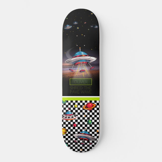 Skateboard Soucoupe volante en amusement avec des planètes (Recto)