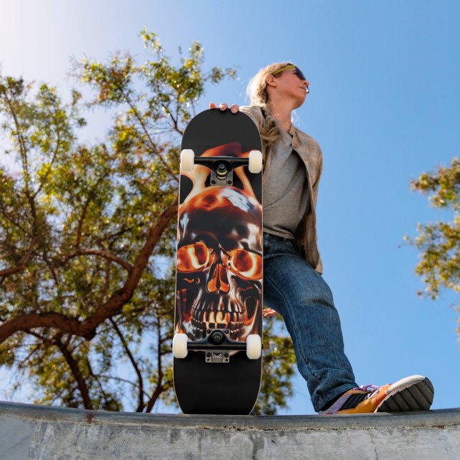 Skateboard Squelette rétro mort brûlant crâne en feu (Extérieur 1)