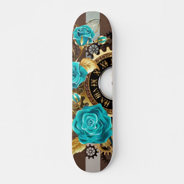 Skateboard Steampunk Clock and Turquoise Roses on Striped (Devant)