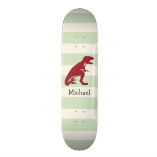 Skateboard T-Rex rouge sur Pastel Green Stripes
