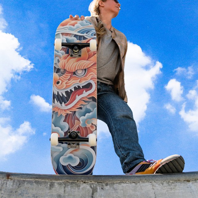 Skateboard Tête de dragon magnifique Orange Blue Hue (Créateur téléchargé)