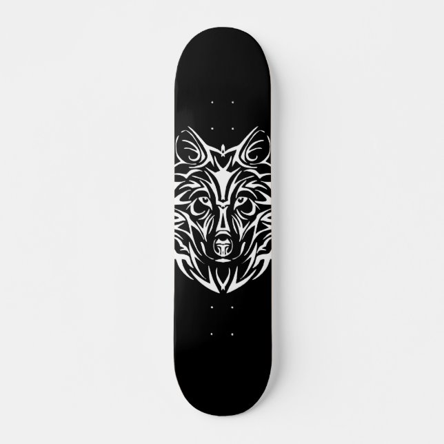 Skateboard Tête de loup blanc sur noir (Devant)